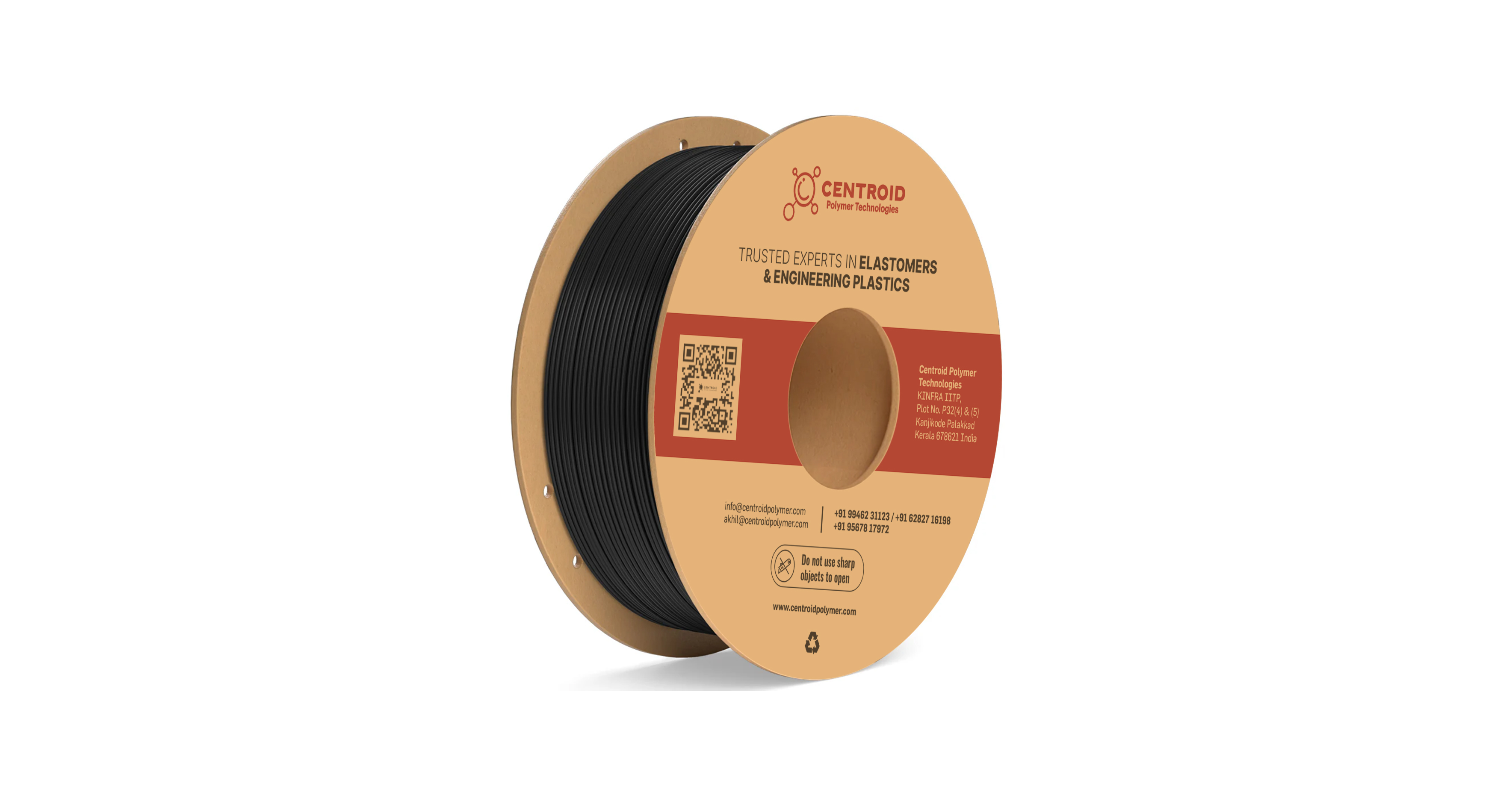 Spool design for Centroid Polymer Technologies featuring black elastomer material with branding, QR code, and contact details, emphasizing expertise in elastomers and engineering plastics